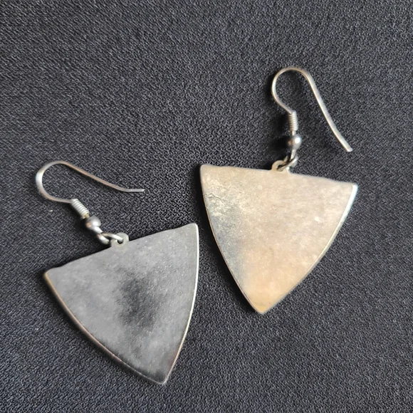 Vintage 90's earrings, dangle, coral and purple enamel, silver and gold accents - Picture 4 of 4